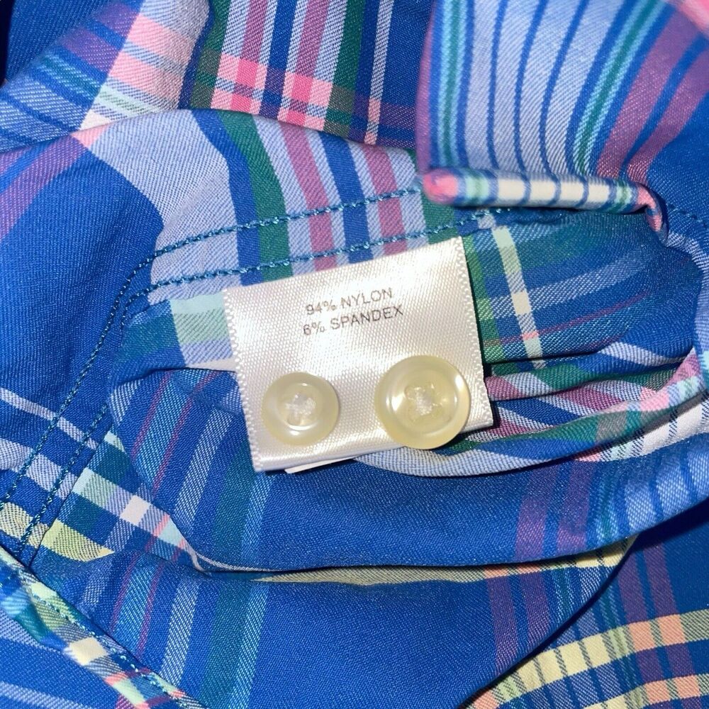 Peter Millar Mens Button Down Summer Comfort Plaid Blue Pink Performance Shirt - Picture 5 of 9